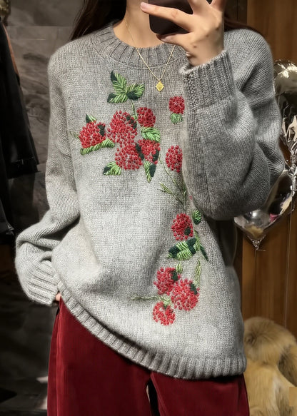 Style Grey O-neck Embroidered Knit Sweaters Fall