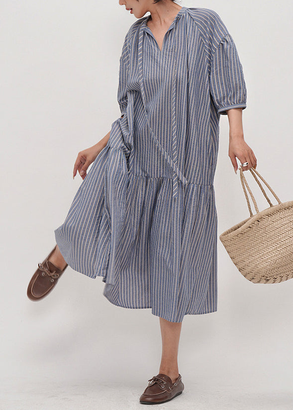 Diy Blue Striped Patchwork Cotton Long Dress Half Sleeve
