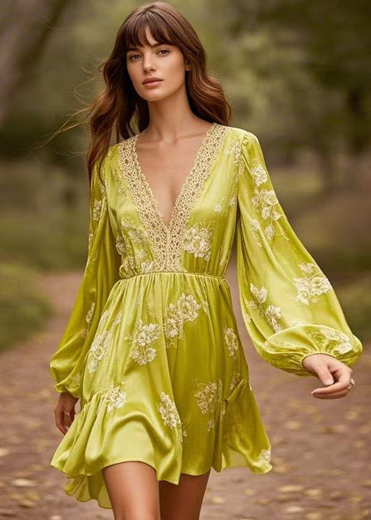 Yellow Green V Neck Print Patchwork Silk Mid Dresses Spring