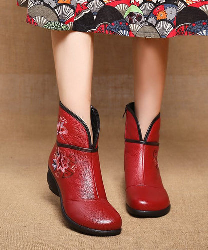 Red Warm Fleece Boots Chunky Cowhide Leather Embroidery