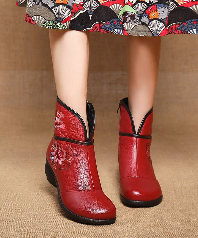 Red Warm Fleece Boots Chunky Cowhide Leather Embroidery