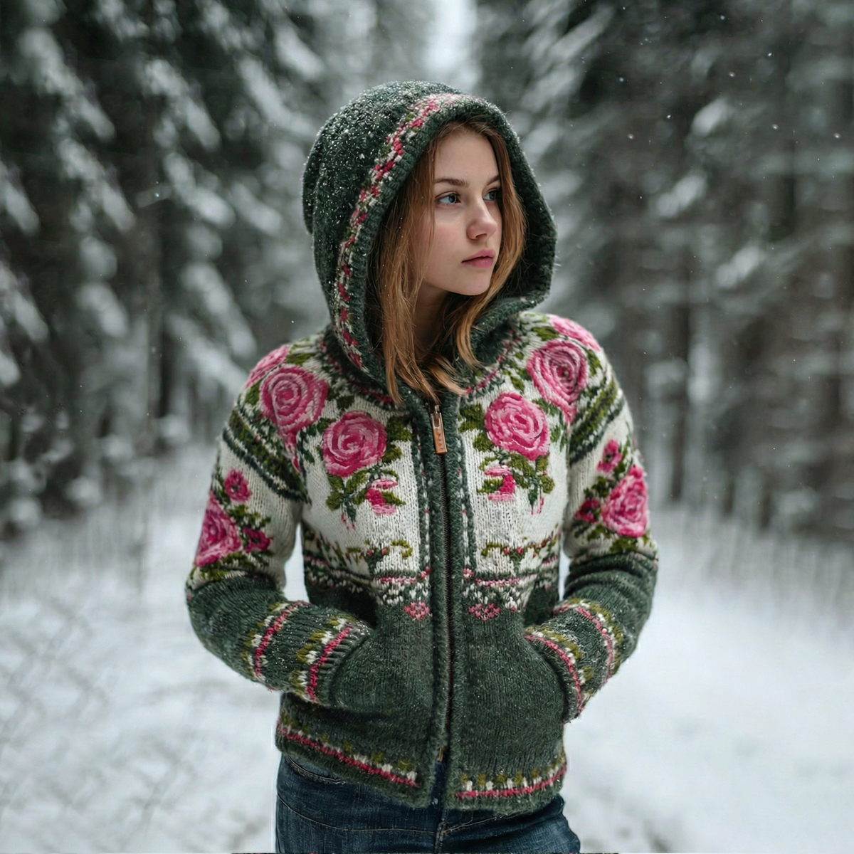 Comstylish Women's Boho Floral Art Pattern Knit Zip-up Sweater