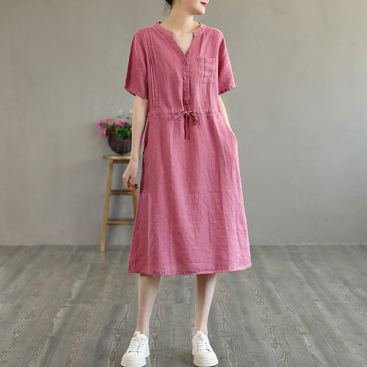 Summer Linen Short Sleeve Loose V-neck Lacing Dress