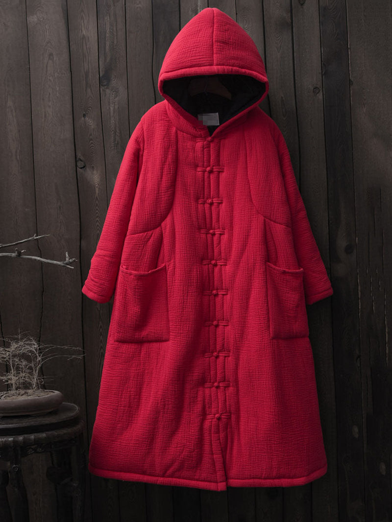 Winter Frog Pocket Hooded Long Coat