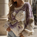 Women's Vintage White Rose Pattern Warm Knitted Crew Neck Sweater artswardrobe