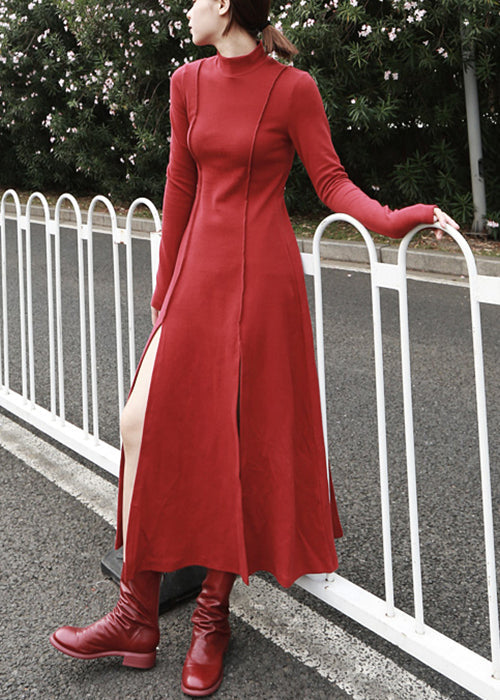 Slim Fit Red Side Open Cotton Long Dress Spring