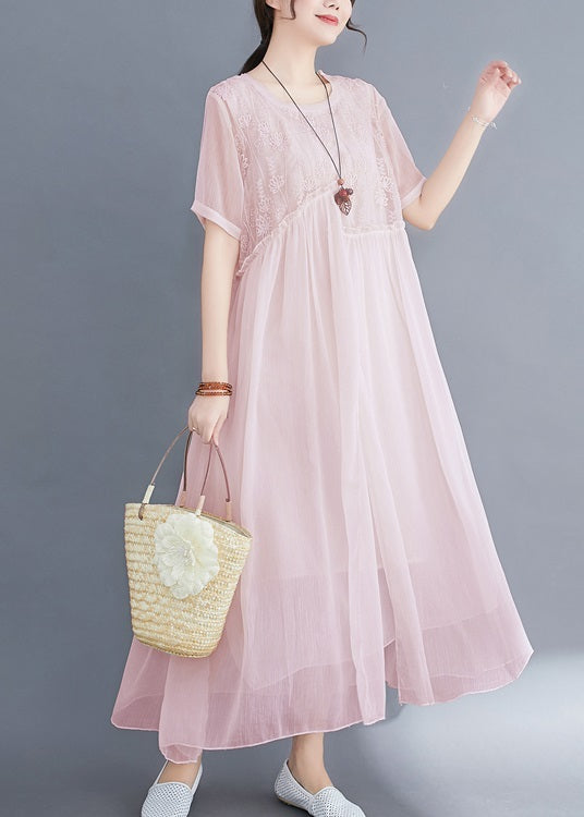Italian Pink Cinched Embroidered Silk Dress Short Sleeve