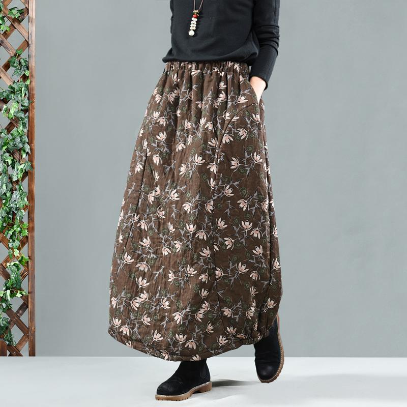 Retro Cotton Linen Quilted Thick Print Skirt