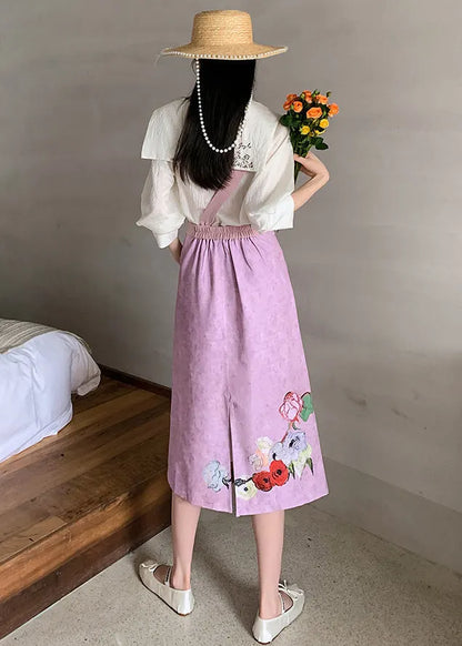 Original Design Sailor Collar Asymmetrical Design Print Silk Tops and Skirts Two-piece Set Summer