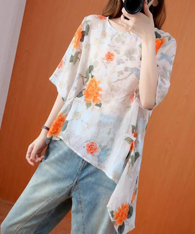 Diy Orange Print Clothes O Neck Asymmetric Art Summer Tops