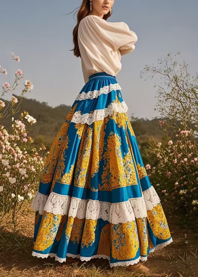 Art Peacock Blue Print Patchwork Lace Exra Large Hem Skirt Spring