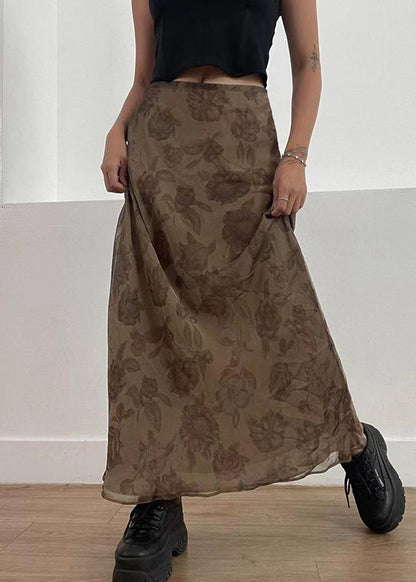 Brown Print High Waist Patchwork Tulle Maxi Skirts Fall