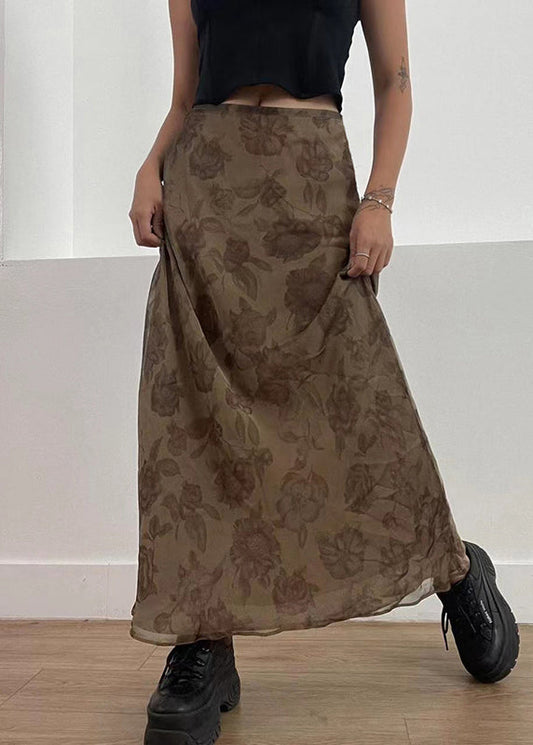 Brown Print High Waist Patchwork Tulle Maxi Skirts Fall
