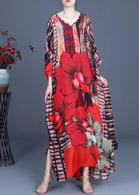 Red Print Side Open Maxi Summer Chiffon Dress