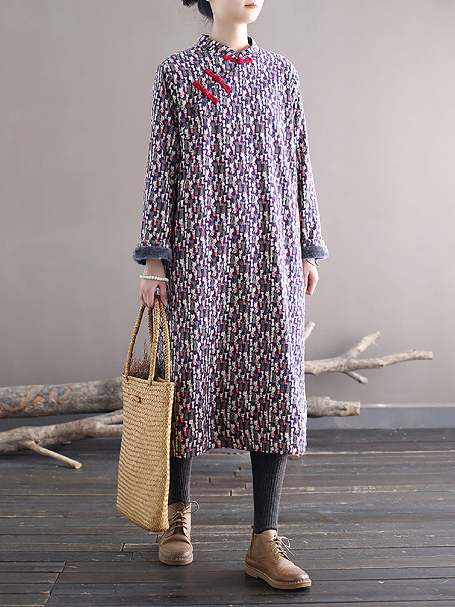 Winter Chinese Print Frog Thick Long Dress