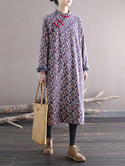 Winter Chinese Print Frog Thick Long Dress