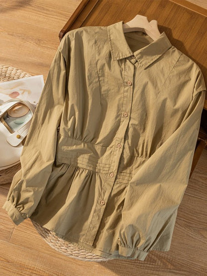 100% Natural Fabric Pleated Button Long Sleeve Loose Shirt