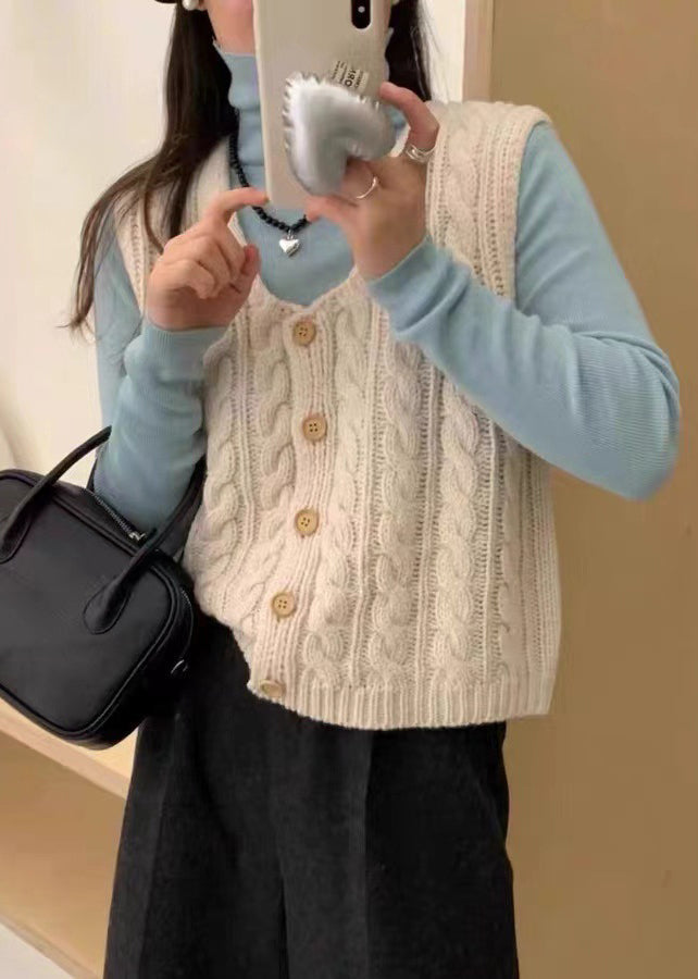 Beige Square Collar Button Knit Vest Top Sleeveless