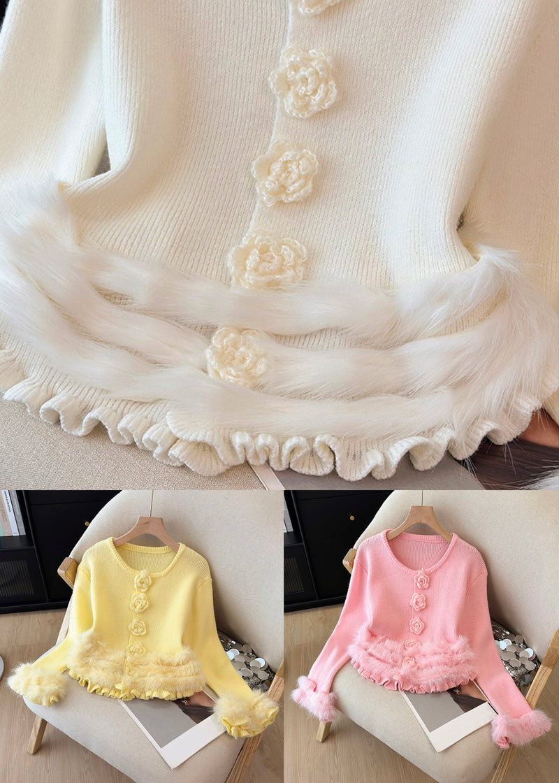 Yellow O Neck Fluffy Patchwork Knit Sweater Winter