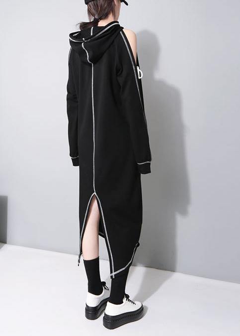 Black Cold Shoulder Hooded Long Summer Cotton Dress