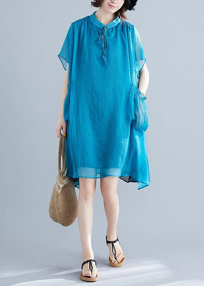 Beach Stand Collar Pockets Chiffon Stylish Fabrics Blue Love Dresses Summer