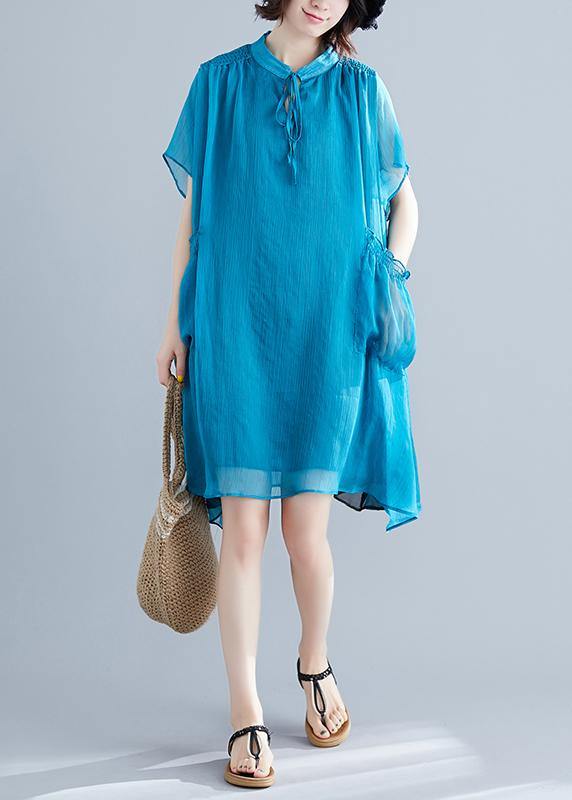 Beach Stand Collar Pockets Chiffon Stylish Fabrics Blue Love Dresses Summer