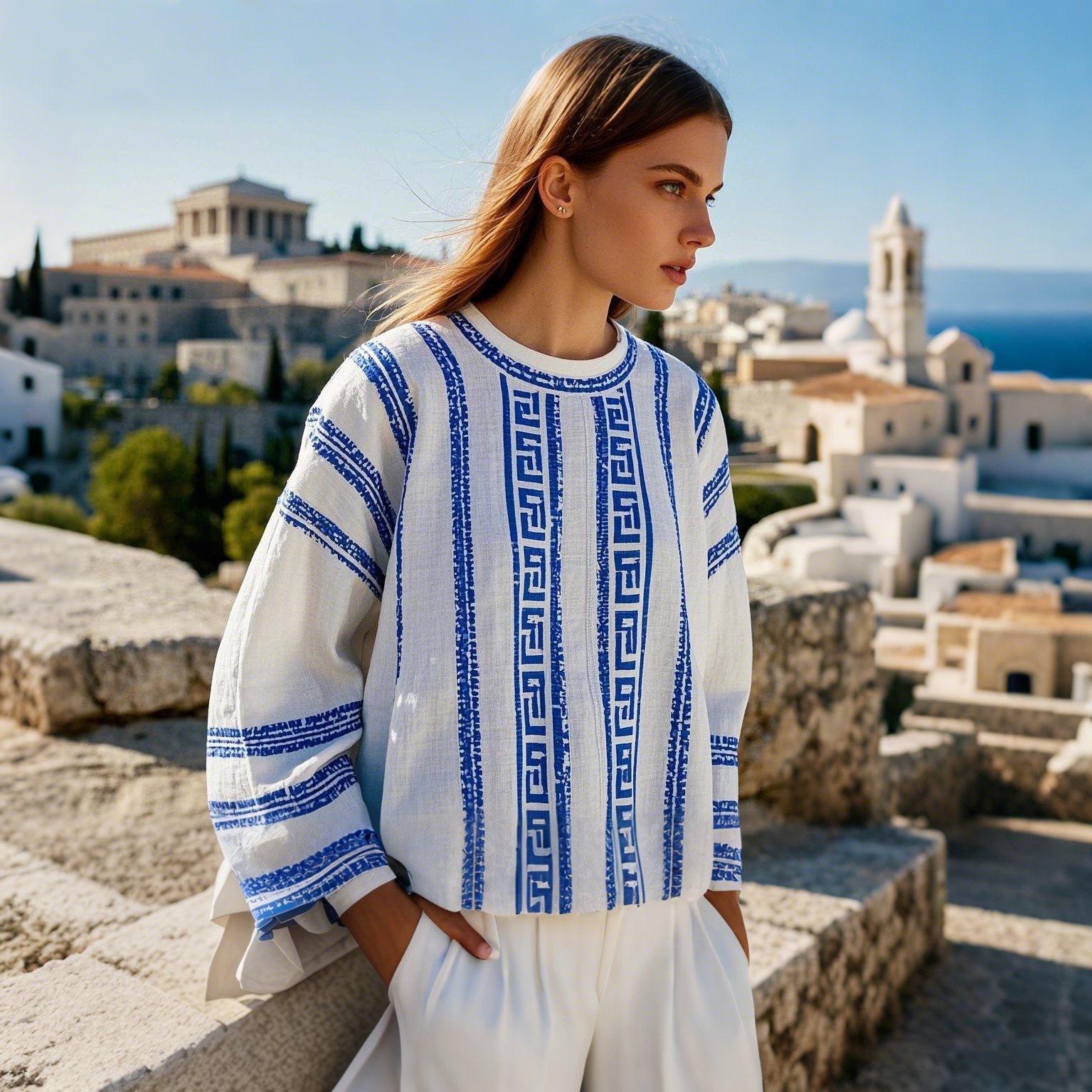 Greek Key Linen Women's Crew Neck Shirt elevenforest
