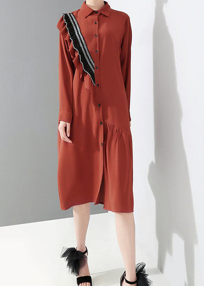 Red Peter Pan Collar Asymmetrical Ruffled Shirt Dress Spring