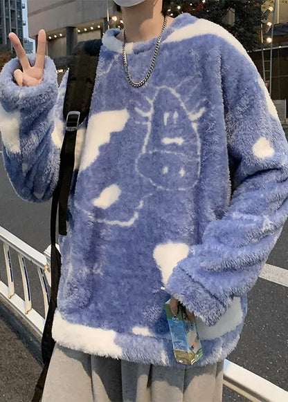 New White O Neck Cartoon Fluffy Sweatshirt Pajamas Winter