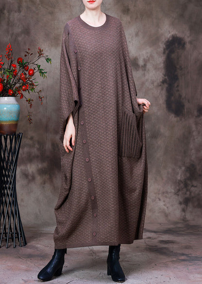 Light Coffee O-neck Button Pockets Cashmere Maxi Dress Long Sleeve