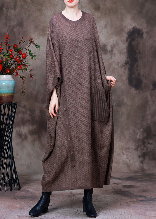 Light Coffee O-neck Button Pockets Cashmere Maxi Dress Long Sleeve
