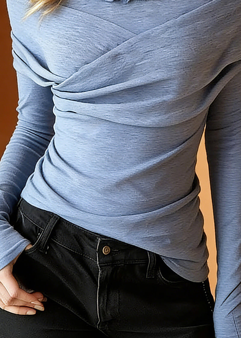 Slim Fit Blue O-neck Ruffled Wrinkled Knit Top Spring