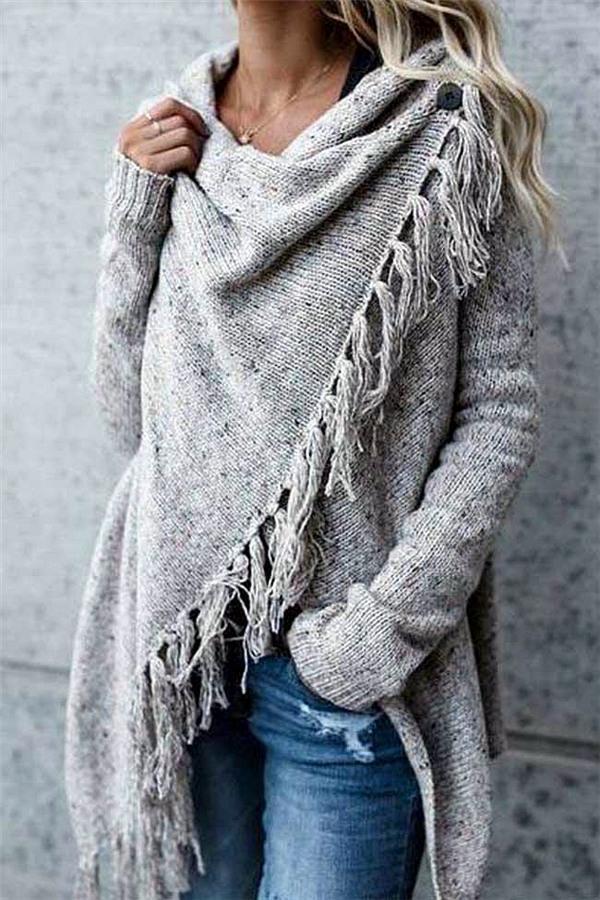 Tassel Asymmetrical Hem Shawl Speckled Fringe Cardigan - Khaki