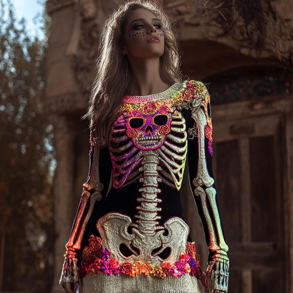 Day Of The Dead Inspired Skeleton Cozy Knit Sweater Dress artswardrobe