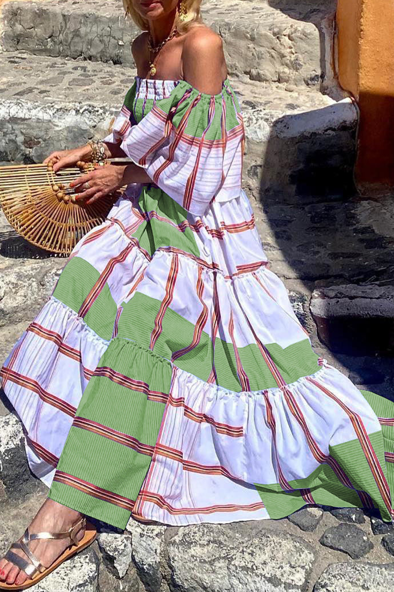 Print Patchwork Off the Shoulder Cake Dresses(3 Colors)