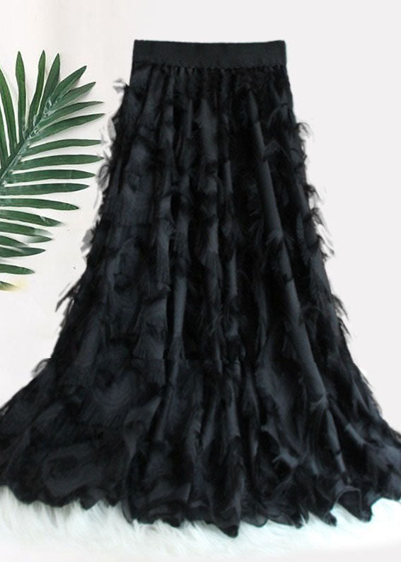Black Tasseled Patchwork High Waist Chiffon Skirt Spring