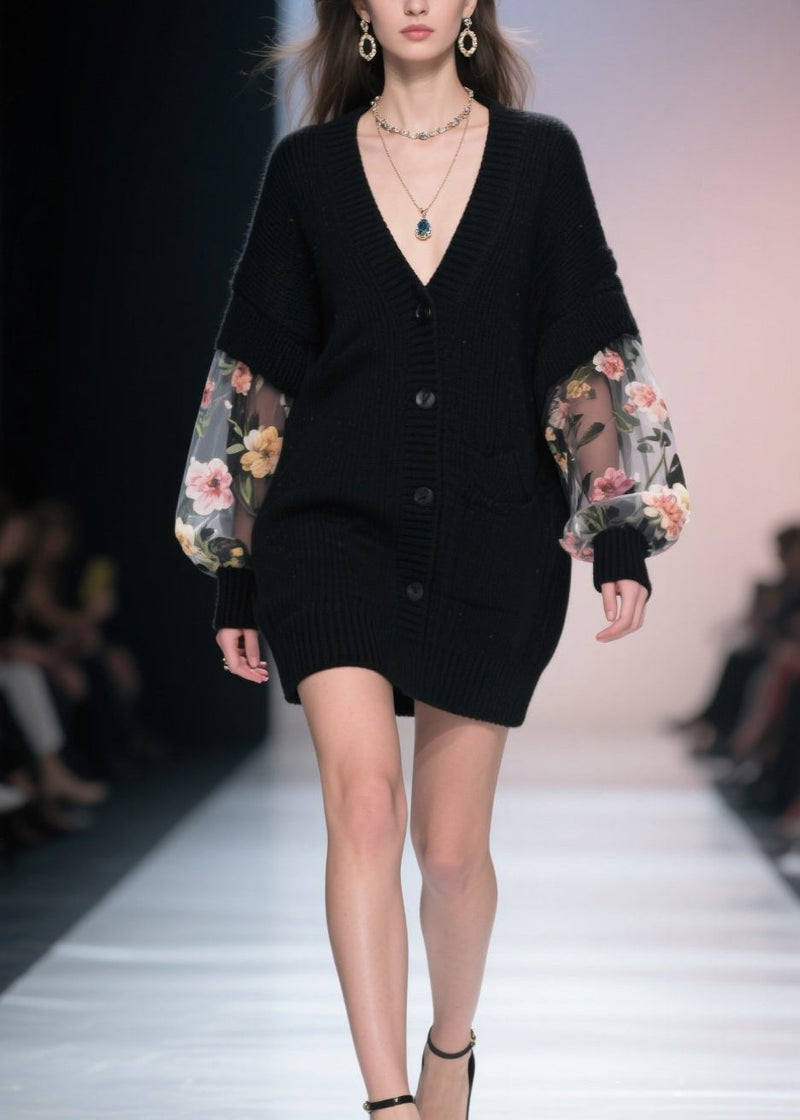 Black V Neck Button Tulle Patchwork Knit Loose Coat Fall