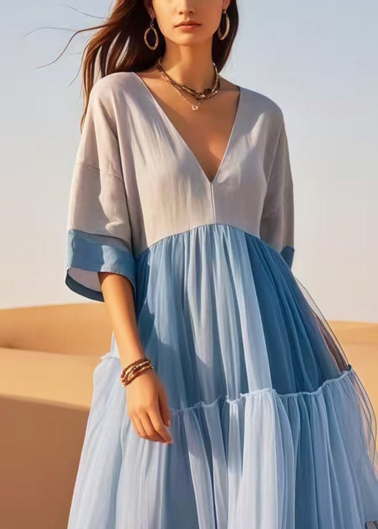 Colorblock V Neck Patchwork Cotton Dresses Summer