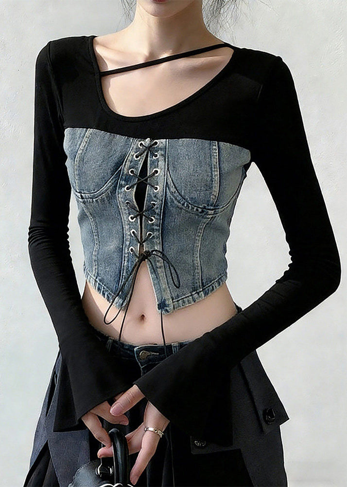 Blue Lace Up Patchwork Denim T Shirts Flare Sleeve