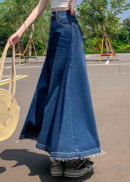 Modern Blue Pockets High Waist Patchwork Denim a Line Skirts Summer