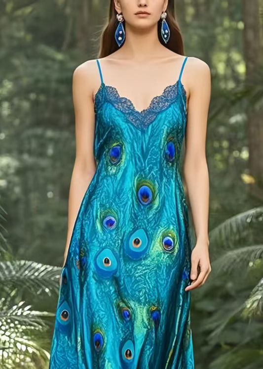 Peacock Blue Print Draping Silk Spaghetti Strap Dress Summer