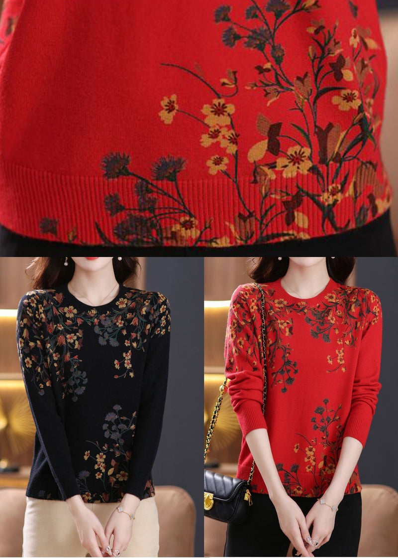 Black O Neck Zircon Print Wool Knit Top Spring