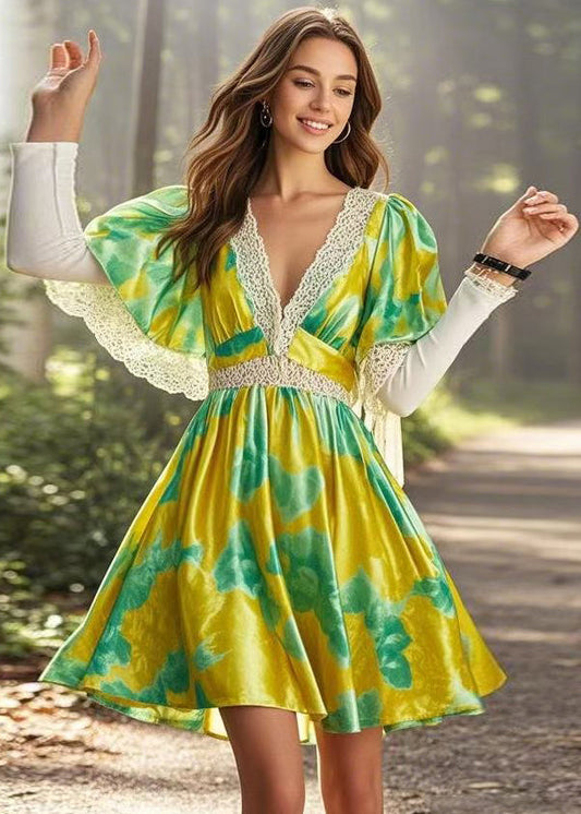 Yellow V Neck Print Lace Patchwork Silk Mid Dress Cloak Sleeves