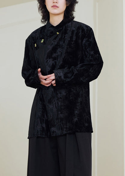 Black Stand Collar Button Silk Velour Shirts Fall