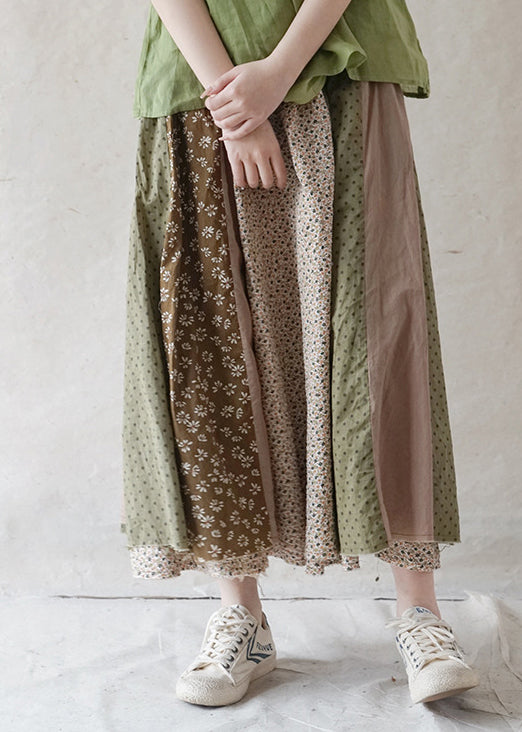 Boutique Green Elastic Waist Print Patchwork Cotton Skirt Spring