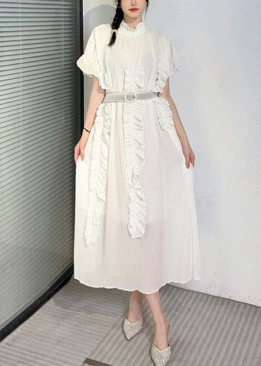 White Turtleneck Ruffled Patchwork Long Dresses Short Sleeve
