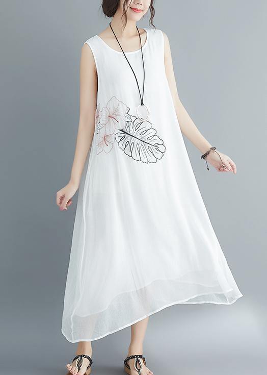 Italian White Cotton Blended Clothes Omychic Runway Sleeveless Embroidery Long Summer Dresses