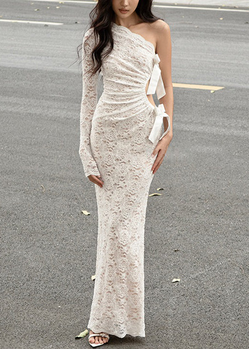 White Asymmetrical Hollow Out Lace Maxi Dress Spring