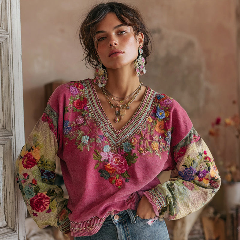 Women's Bohemian Floral Embroidery Art Contrast Color V-neck Casual Sweatshirt elevenforest
