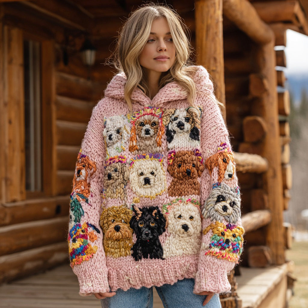 Comstylish Women's Colorful Puppy Pattern Cozy Chunky Knit Hooded Sweater